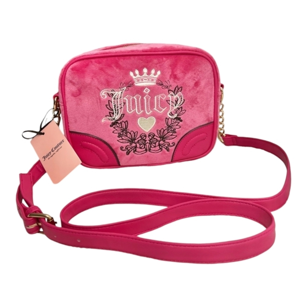 🩷🔹️Juicy Couture🔹️ Pink Flash free Love Velour Heritage Crossbody Camera Bag